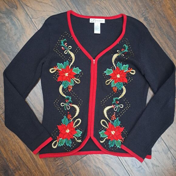 VTG Dress Barn Zip Up Cardigan Sweater Embroidered Beaded Christmas Sz S Roomy - Picture 1 of 10
